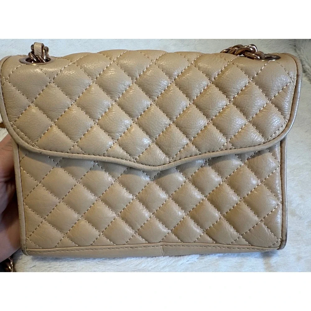 Rebecca Minkoff Affair Quilted Tan Leather Crossbody Bag Rose Gold Chain Strap